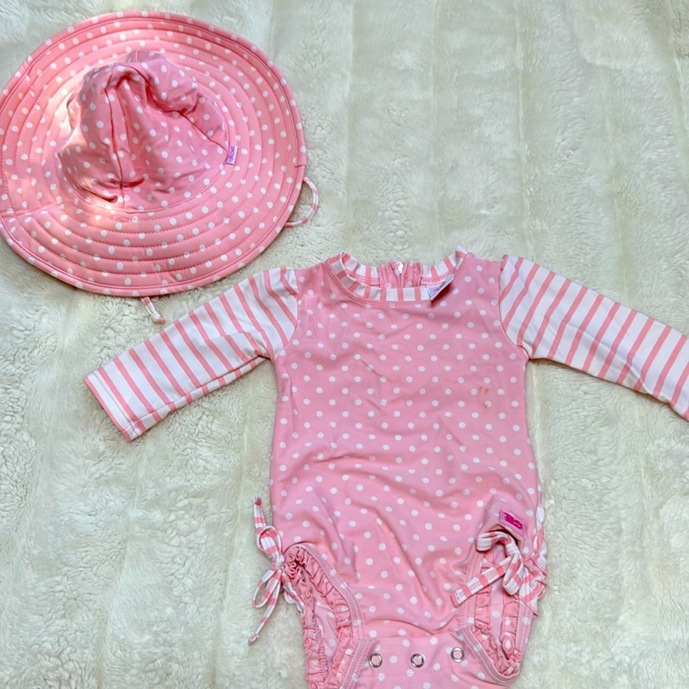 RuffleButts Pink Polka Dot One Piece RashGuard (3-6mo) & Reversible Hat (0-12mo)